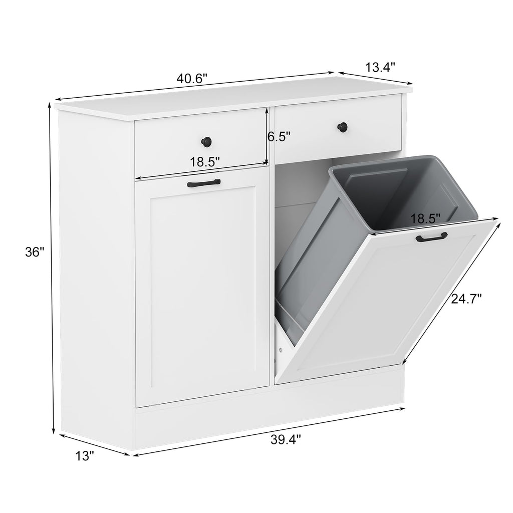 20 Gallon Double Tilt Out Trash Can Cabinet with Hidden Drawers White V1651