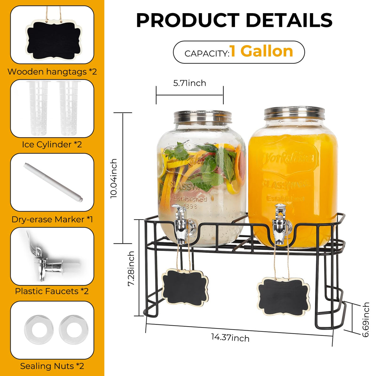 2 Pack 1 Gallon Glass Drink Dispensers with Stand W1535