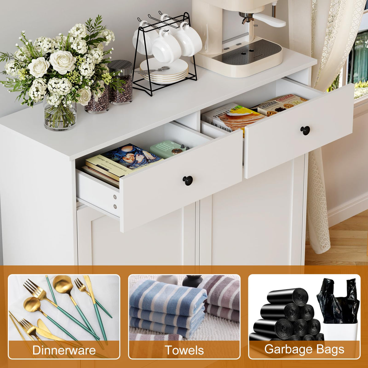 20 Gallon Double Tilt Out Trash Can Cabinet with Hidden Drawers White V1651