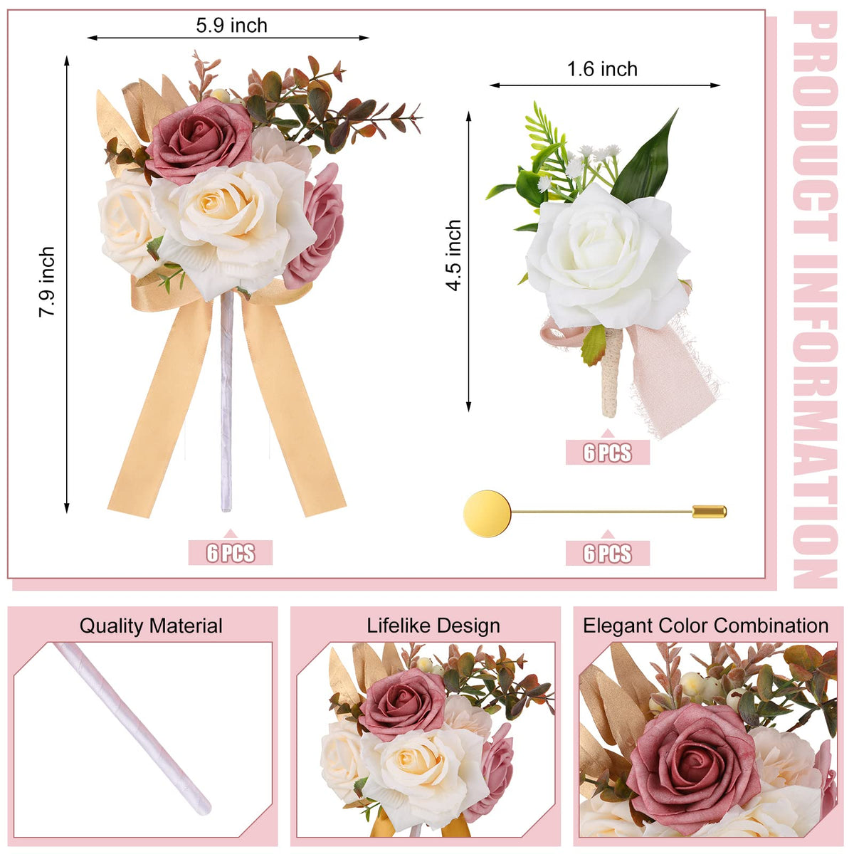 12 Pcs Artificial Bouquets and Boutonniere Set Rose White B70772