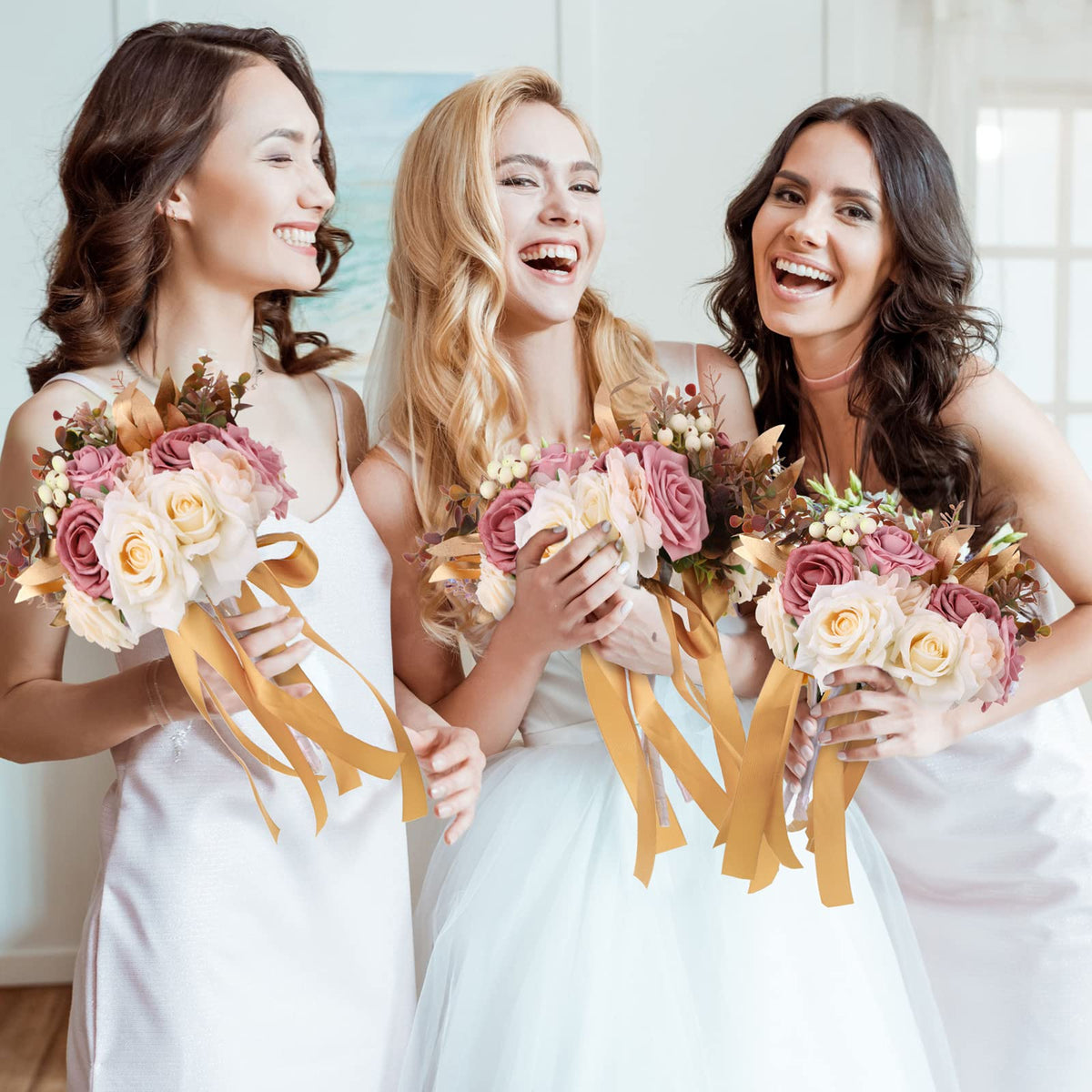 12 Pcs Artificial Bouquets and Boutonniere Set Rose White B70772
