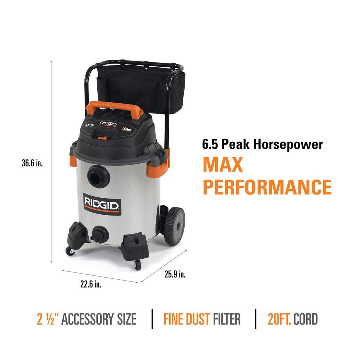 16 Gallon 6.5 Peak HP Stainless Steel Wet Dry Shop Vacuum G205