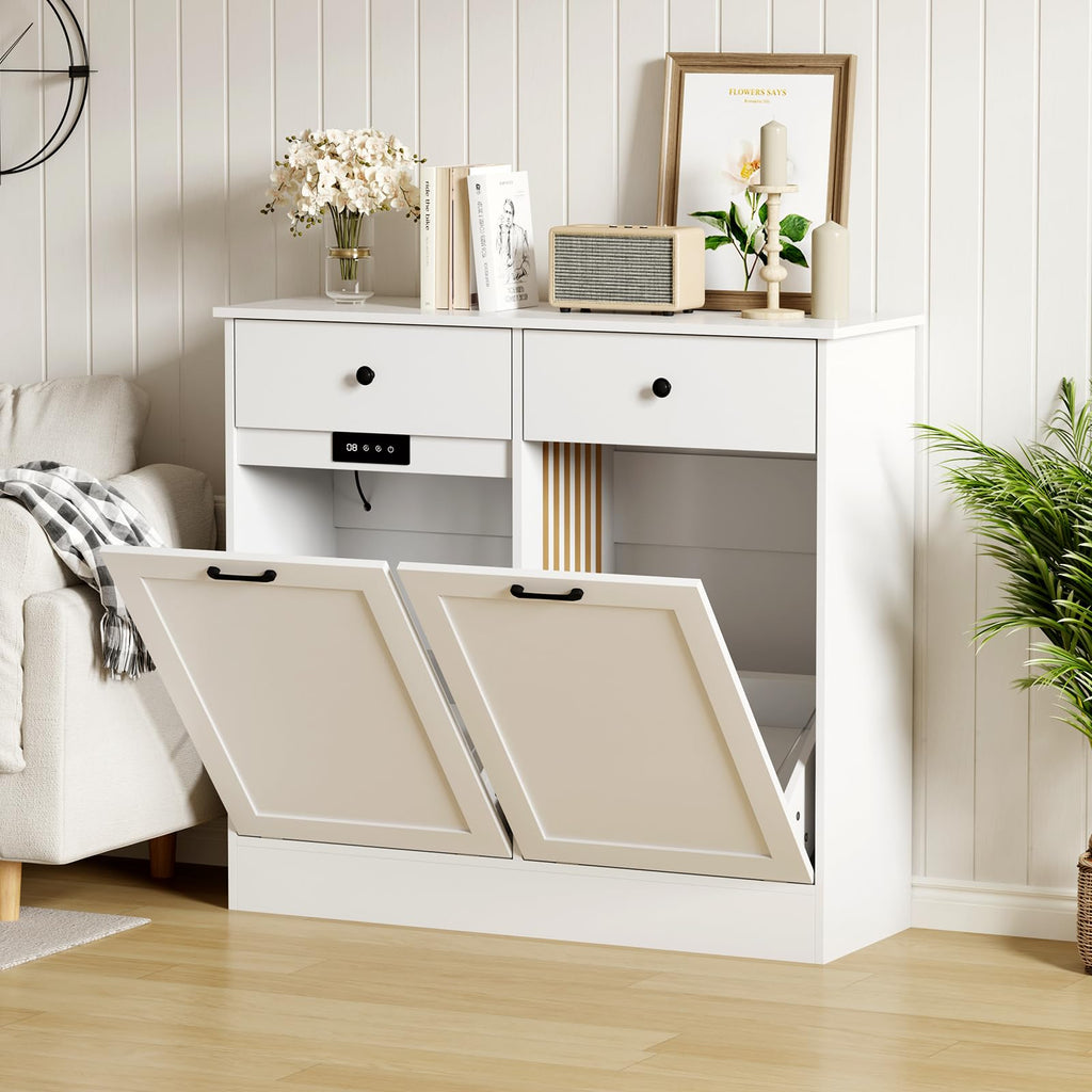 20 Gallon Double Tilt Out Trash Can Cabinet with Hidden Drawers White V1651