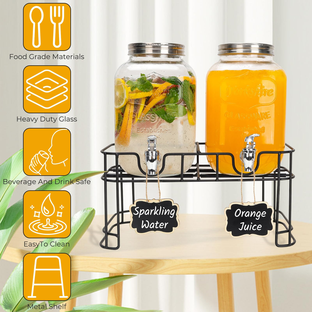 2 Pack 1 Gallon Glass Drink Dispensers with Stand W1535