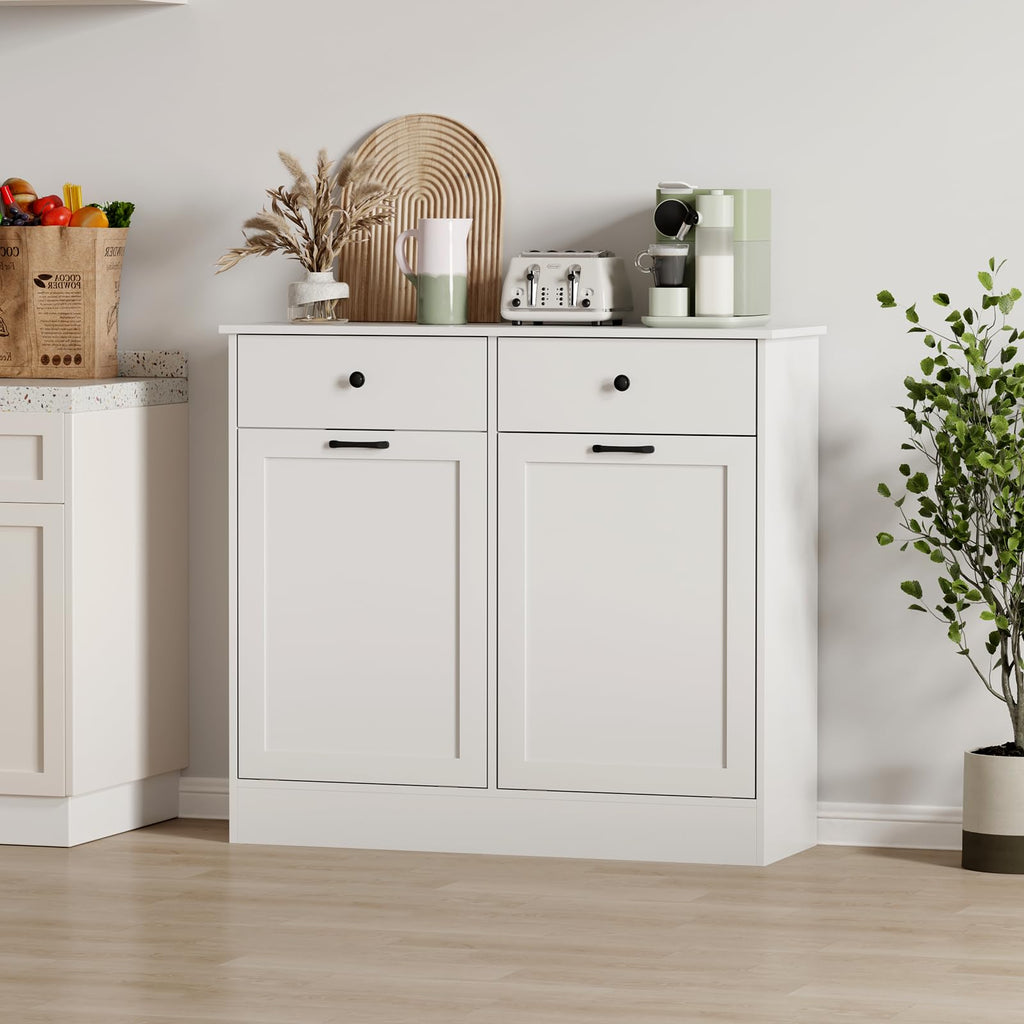 20 Gallon Double Tilt Out Trash Can Cabinet with Hidden Drawers White V1651