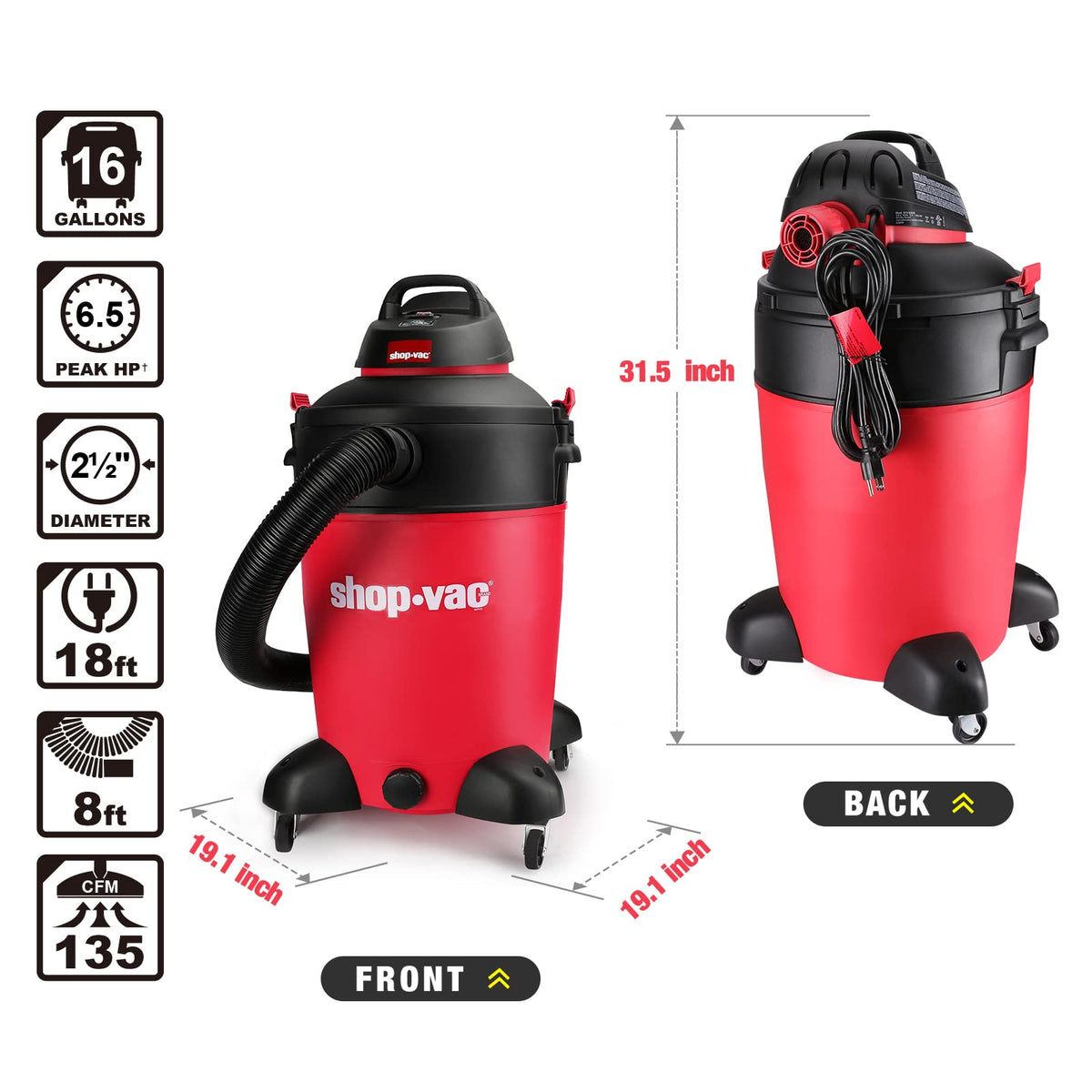 16 Gallon 6.5 Peak HP Wet/Dry Vacuum A5586