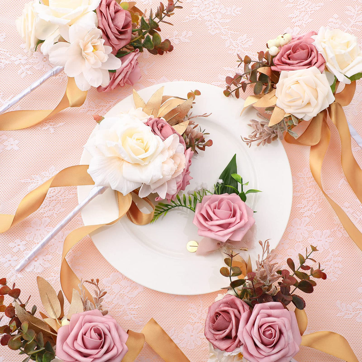 12 Pcs Artificial Bouquets and Boutonniere Set Rose White B70772