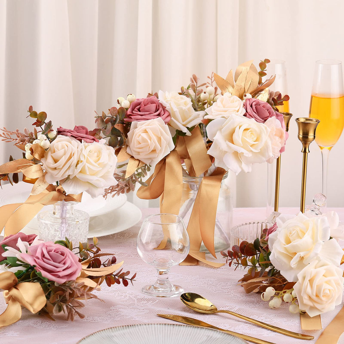 12 Pcs Artificial Bouquets and Boutonniere Set Rose White B70772