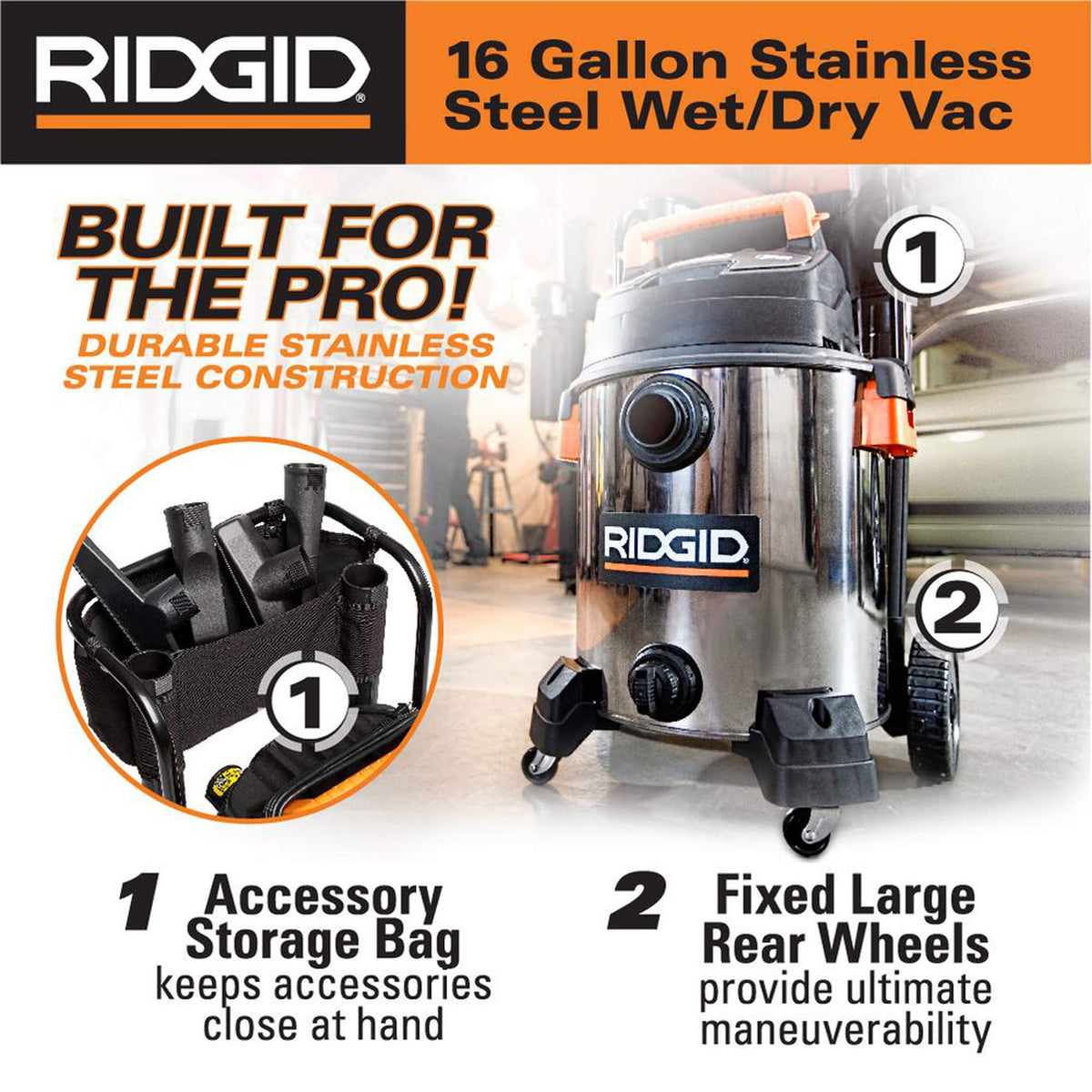 16 Gallon 6.5 Peak HP Stainless Steel Wet Dry Shop Vacuum G205