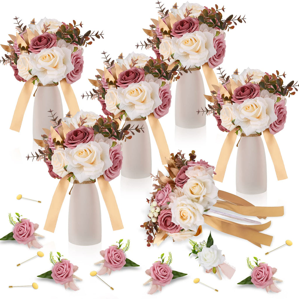 12 Pcs Artificial Bouquets and Boutonniere Set Rose White B70772