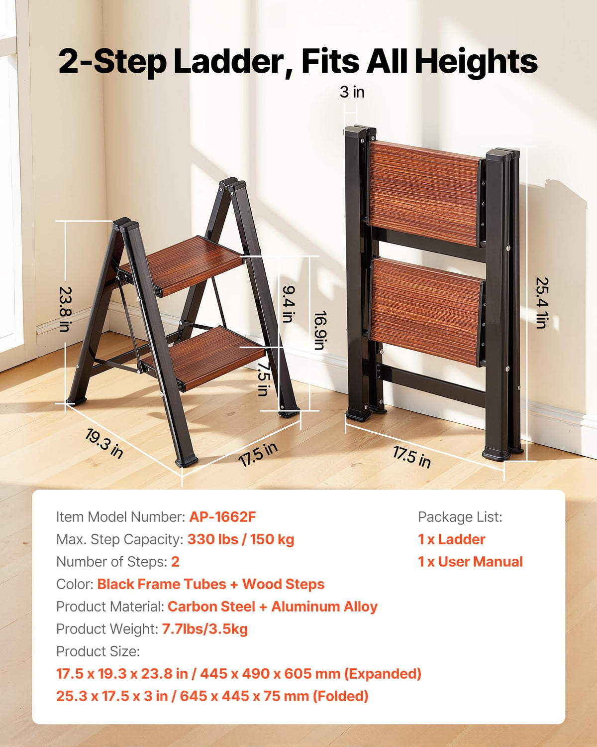 2 Step Folding Aluminum Ladder 330 lbs Capacity I550
