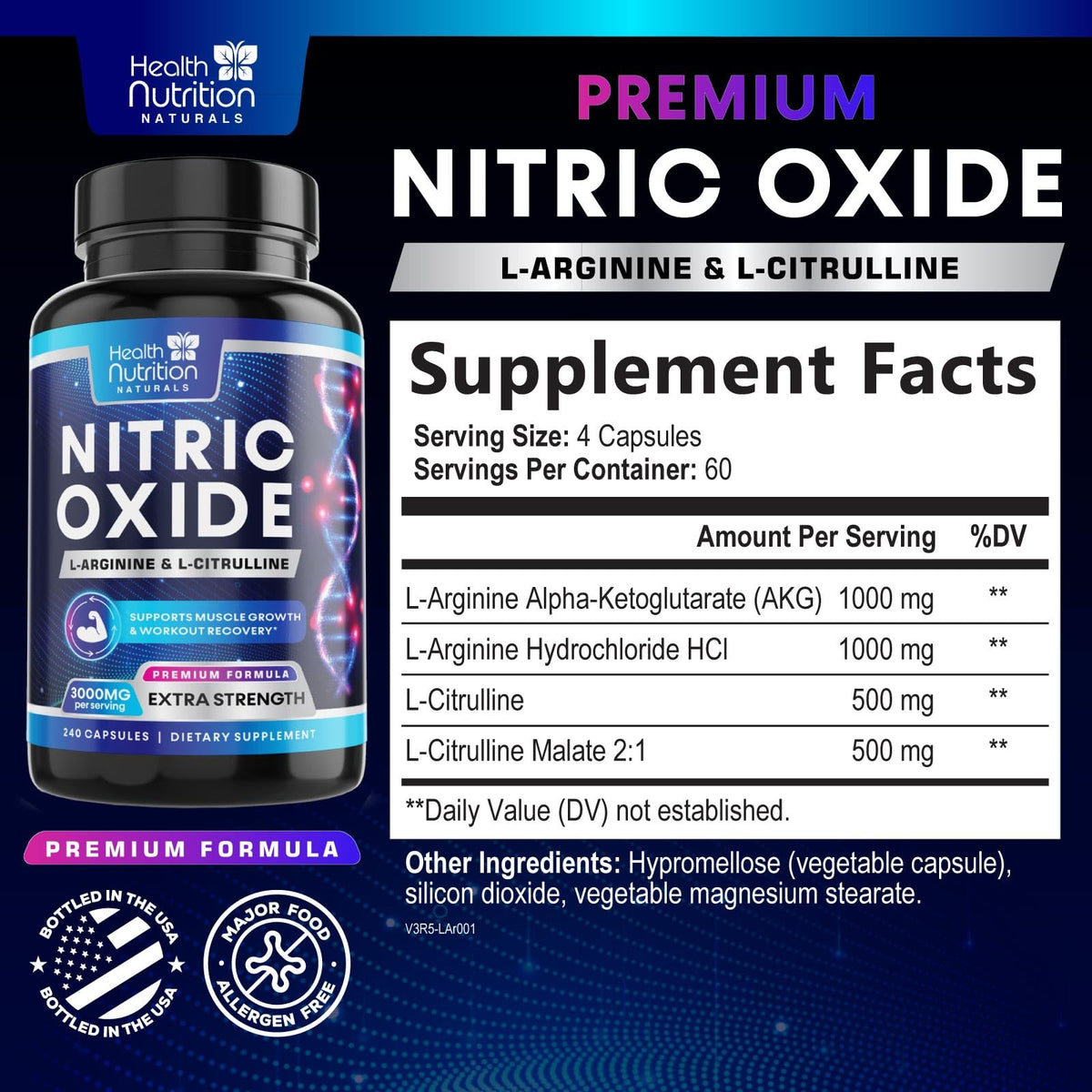 3000mg L-Arginine & L-Citrulline Nitric Oxide Supplement 240 Capsules C576