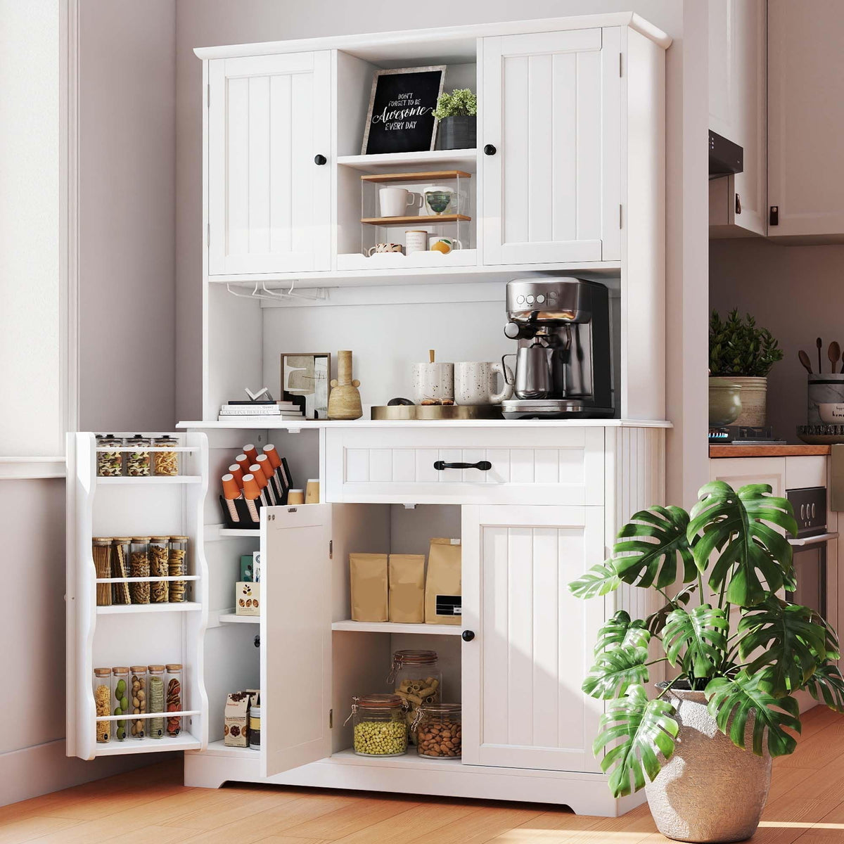 Tall White Kitchen Storage Cabinet with Door and Shelves Y203