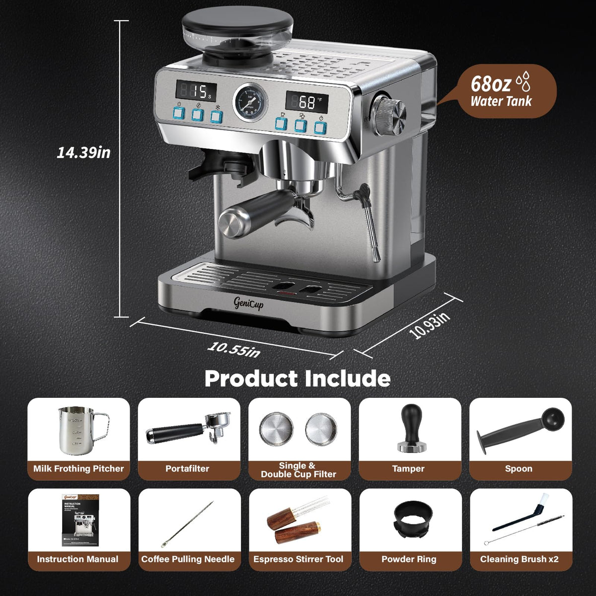 Espresso Machine with Grinder 20 Bar 68oz Water Tank V450