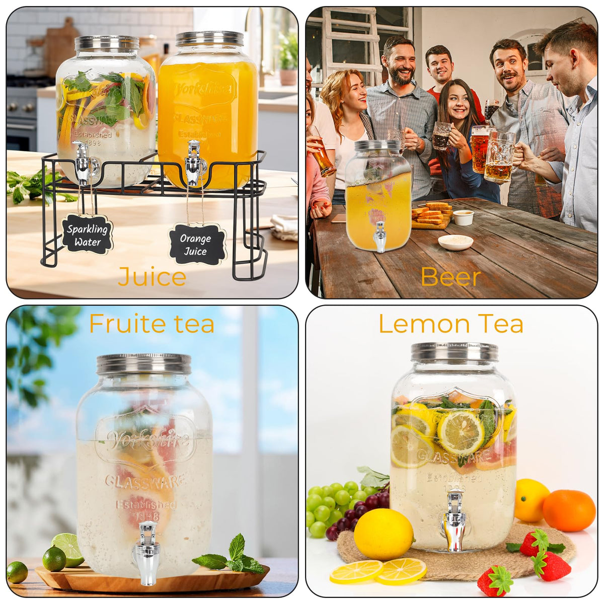 2 Pack 1 Gallon Glass Drink Dispensers with Stand W1535